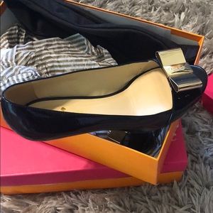 Navy blue patent Kate Spade mini wedge